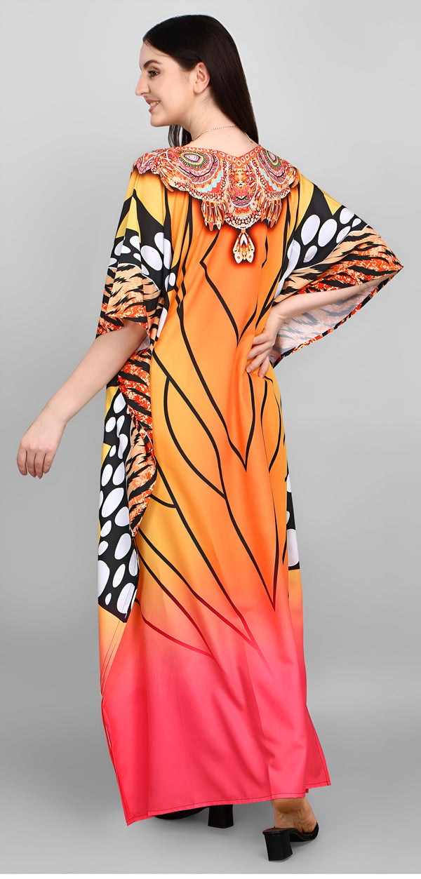 Dazzling Orange  Color Polyester Fabric Designer Kaftan