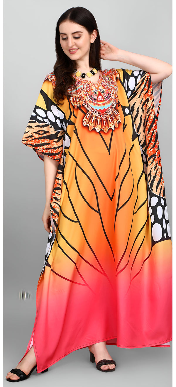 Dazzling Orange  Color Polyester Fabric Designer Kaftan