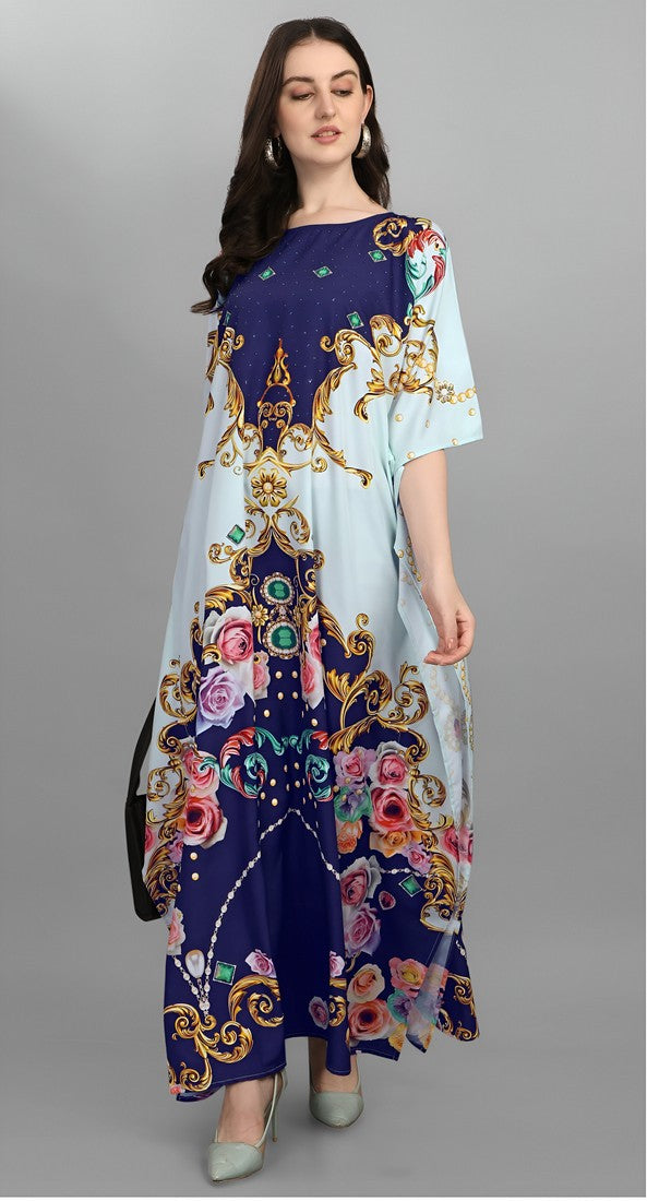 Dazzling Blue Color Polyester Fabric Designer Kaftan