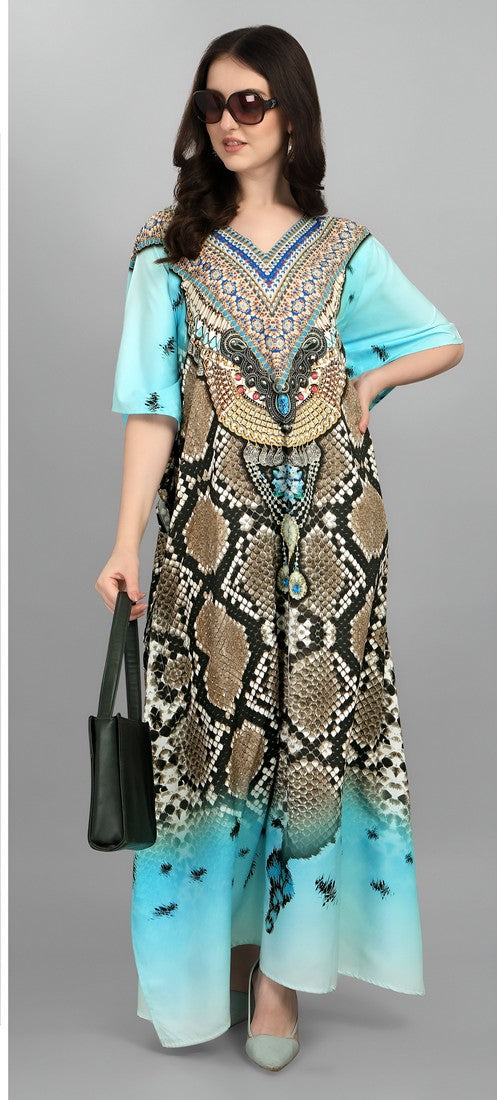 Dazzling Blue Color Polyester Fabric Designer Kaftan
