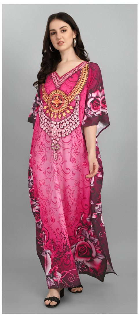 Dazzling Pink Color Polyester Fabric Designer Kaftan