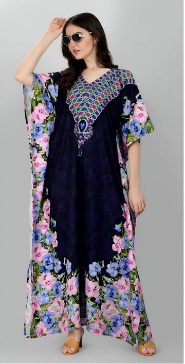 Dazzling Navy Blue  Color Polyester Fabric Designer Kaftan