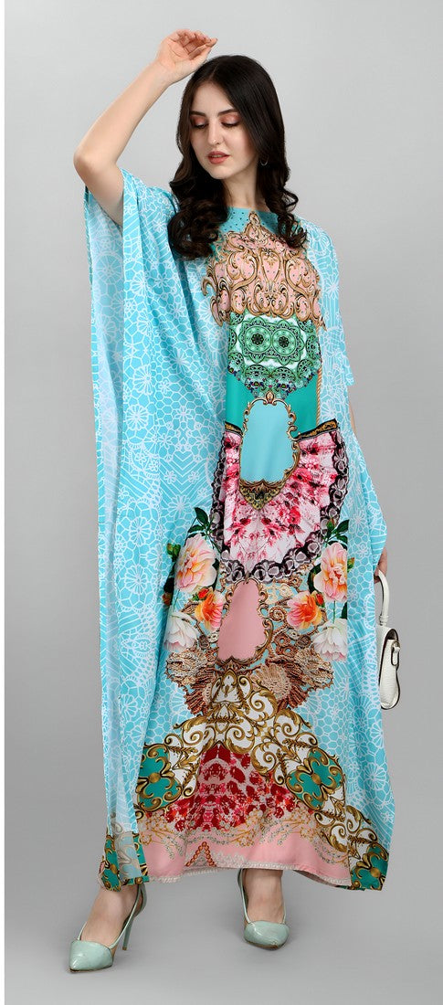 Dazzling Aqua Color Polyester Fabric Designer Kaftan