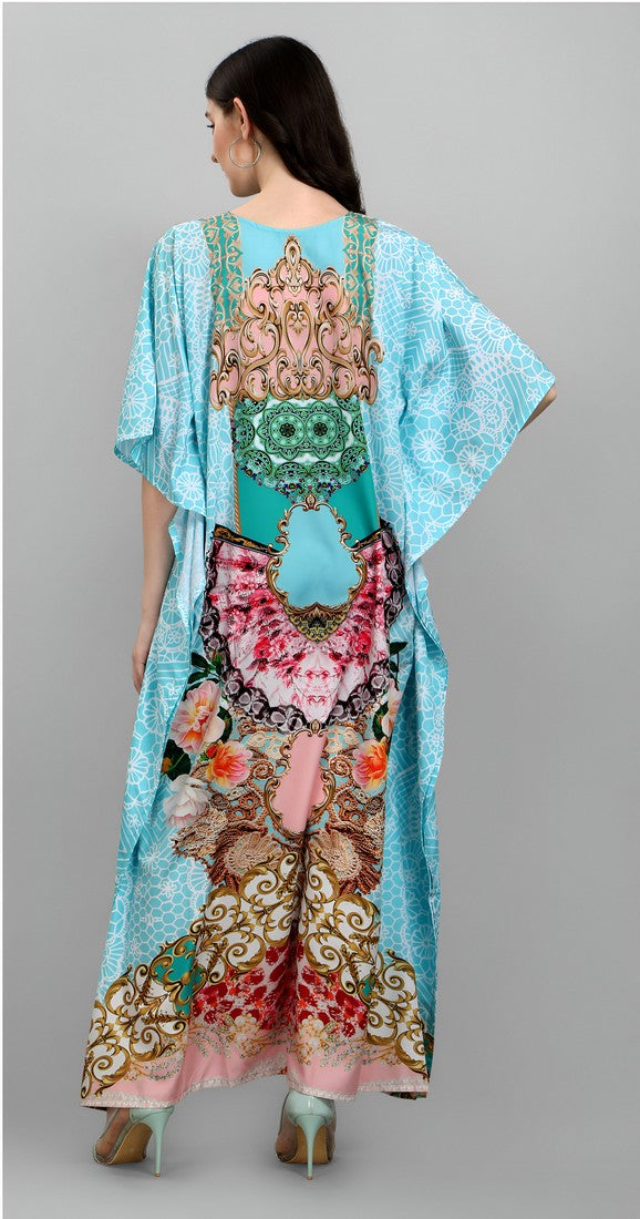 Dazzling Aqua Color Polyester Fabric Designer Kaftan