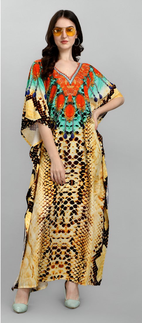 Dazzling Yellow Color Polyester Fabric Designer Kaftan