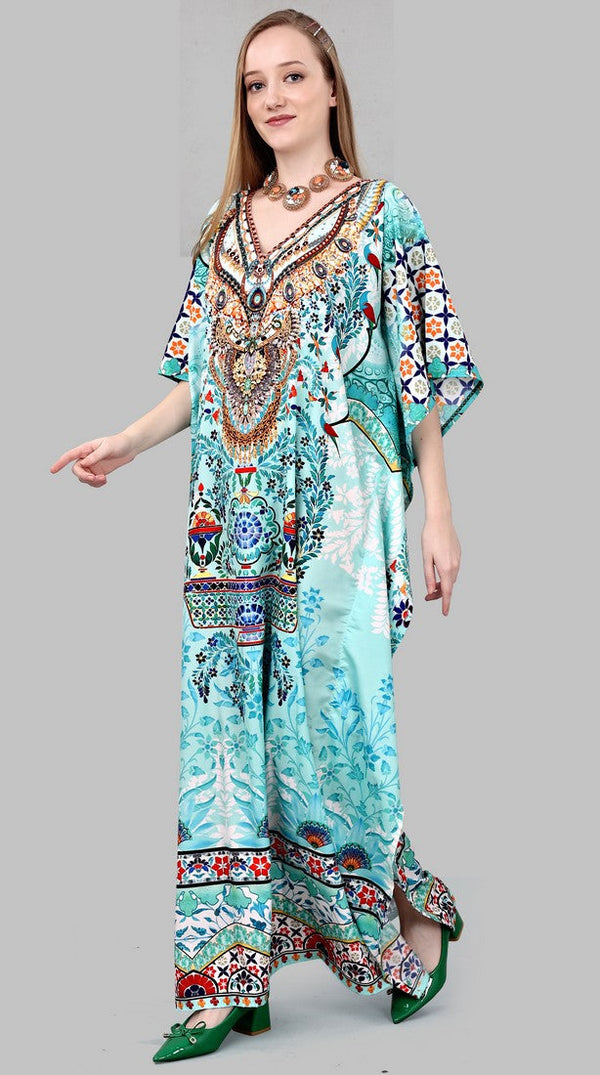 Striking Aqua Color Polyester Fabric Kaftan