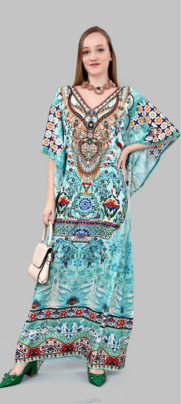 Striking Aqua Color Polyester Fabric Kaftan