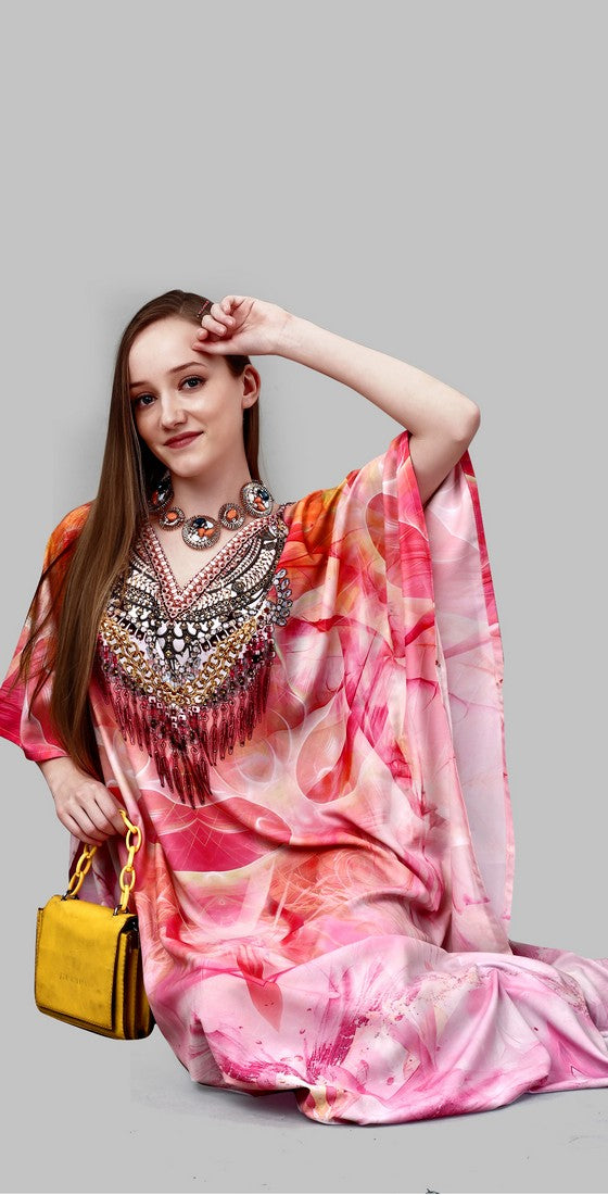 Striking Pink Color Polyester Fabric Kaftan