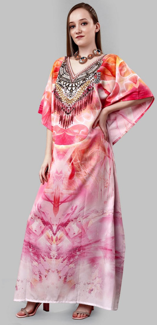 Striking Pink Color Polyester Fabric Kaftan