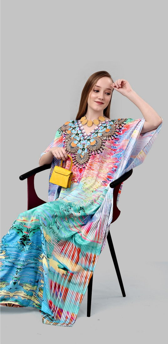 Striking Blue Color Polyester Fabric Kaftan