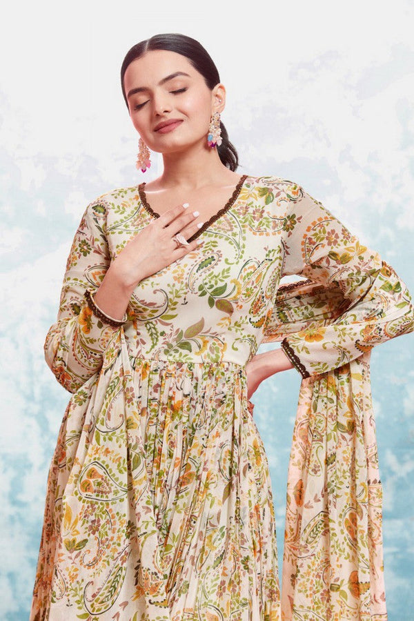 Amazing Cream Color Chiffon Fabric Designer Suit