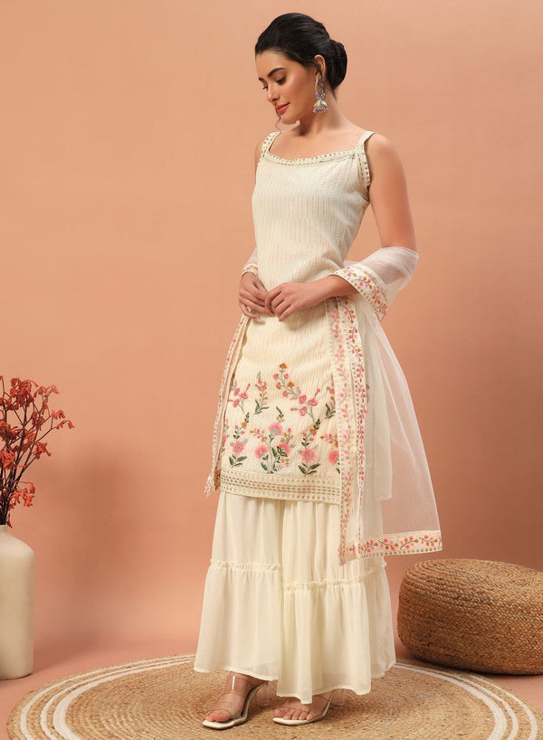 Tasteful Cream Color Georgette Fabric Sharara Suit