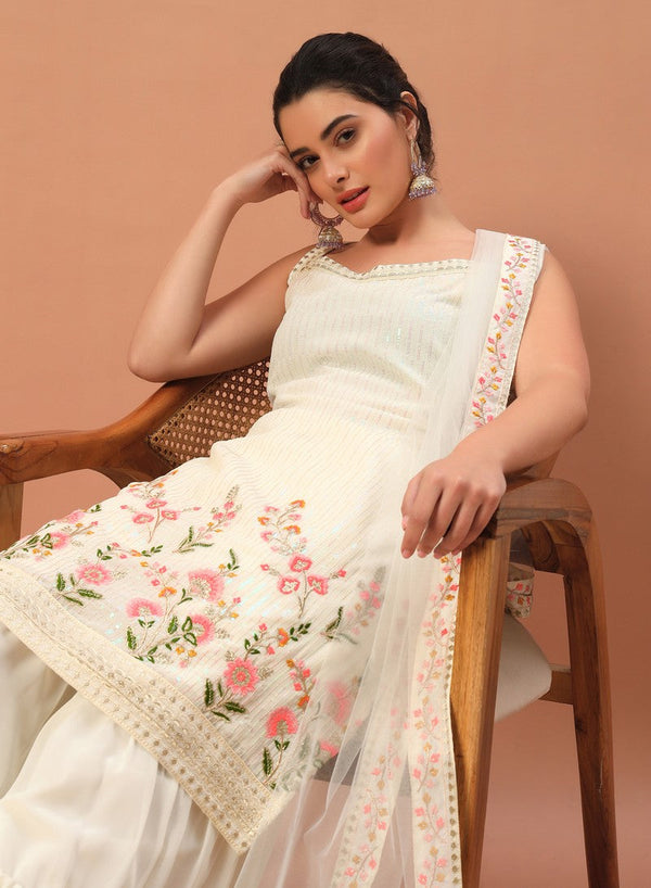 Tasteful Cream Color Georgette Fabric Sharara Suit