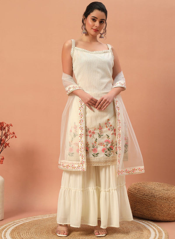 Tasteful Cream Color Georgette Fabric Sharara Suit