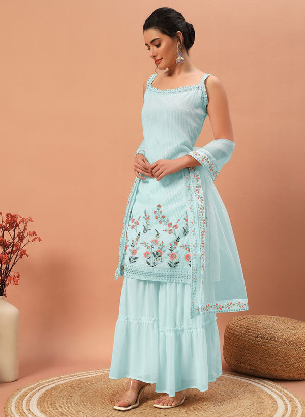 Tasteful Aqua Color Georgette Fabric Sharara Suit