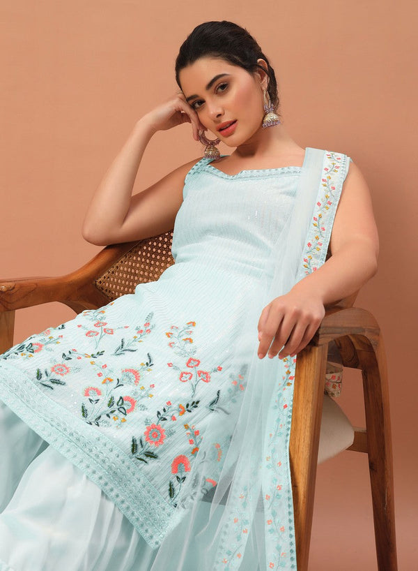 Tasteful Aqua Color Georgette Fabric Sharara Suit