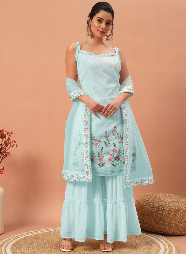 Tasteful Aqua Color Georgette Fabric Sharara Suit
