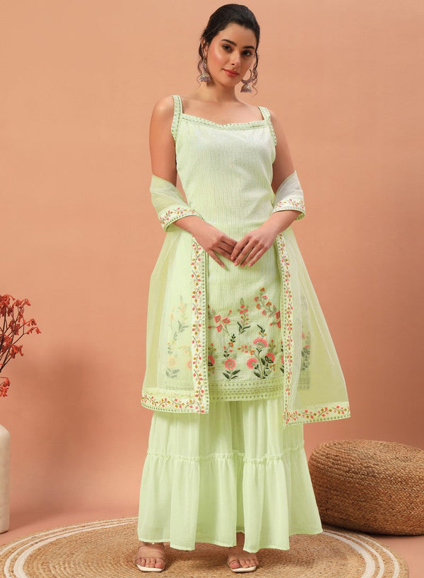 Tasteful Green Color Georgette Fabric Sharara Suit