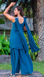 Tasteful Teal Color Chinon Fabric Plazzo Suit