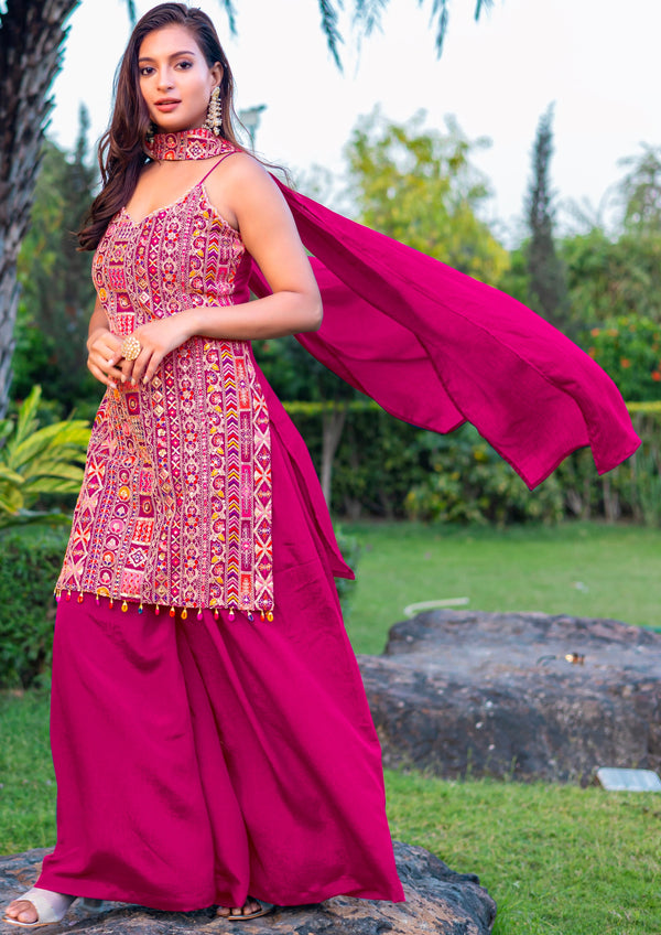 Tasteful Magenta Color Chinon Fabric Plazzo Suit