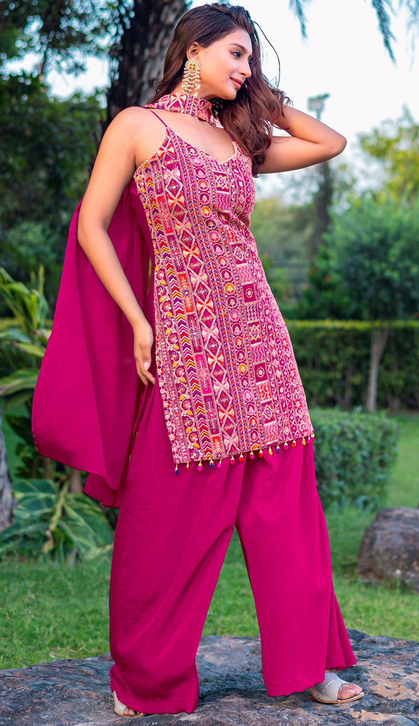 Tasteful Magenta Color Chinon Fabric Plazzo Suit