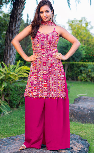 Tasteful Magenta Color Chinon Fabric Plazzo Suit