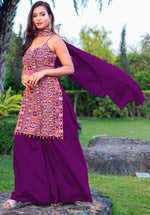 Tasteful Wine Color Chinon Fabric Plazzo Suit
