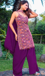 Tasteful Wine Color Chinon Fabric Plazzo Suit