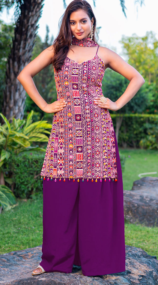 Tasteful Wine Color Chinon Fabric Plazzo Suit