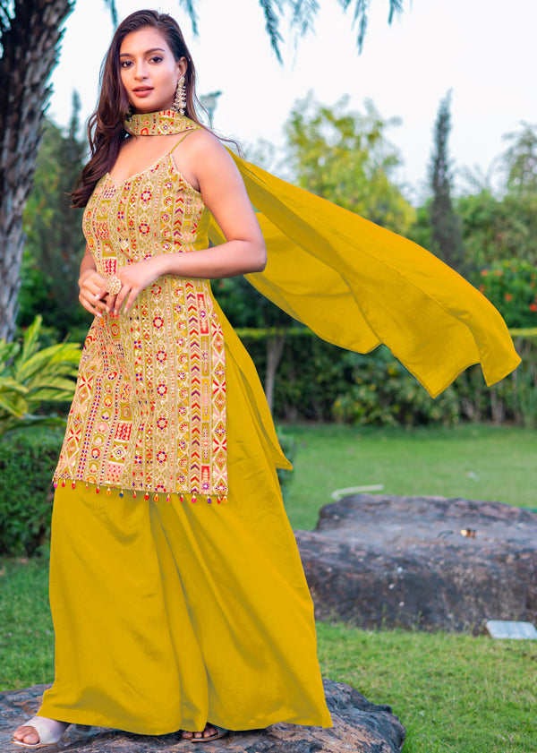 Tasteful Yellow Color Chinon Fabric Plazzo Suit