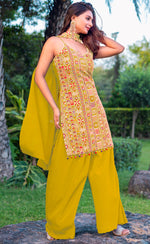 Tasteful Yellow Color Chinon Fabric Plazzo Suit