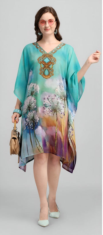 Dazzling Aqua Color Georgette Fabric Kaftan