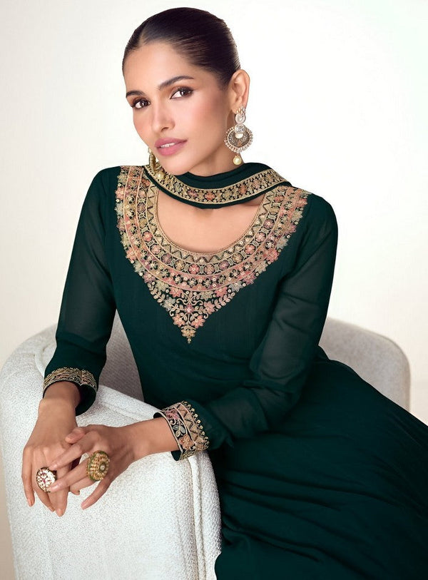 Tasteful Green Color Blooming Fabric Partywear Suit