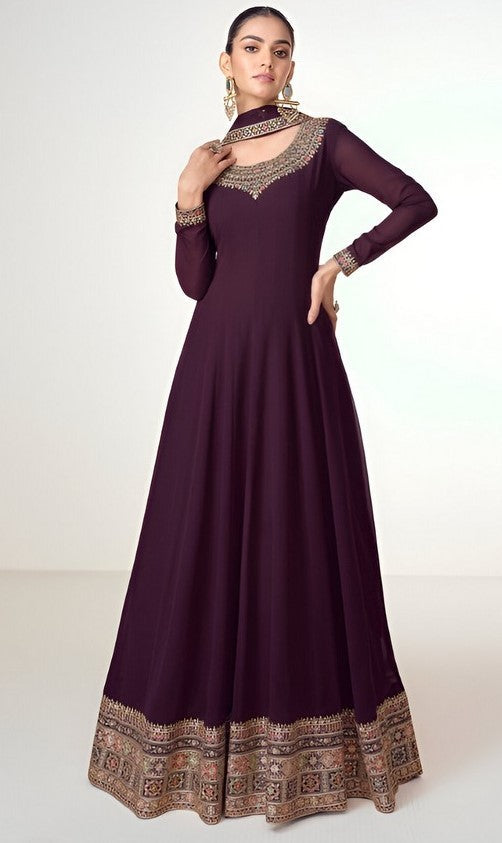 Tasteful Wine Color Blooming Fabric Partywear Suit