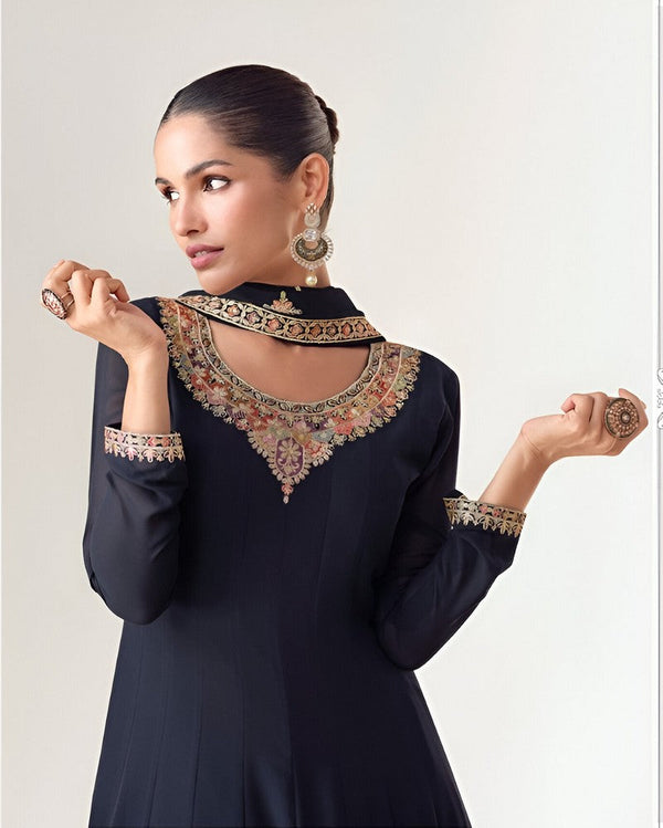 Tasteful Navy Blue Color Blooming Fabric Partywear Suit
