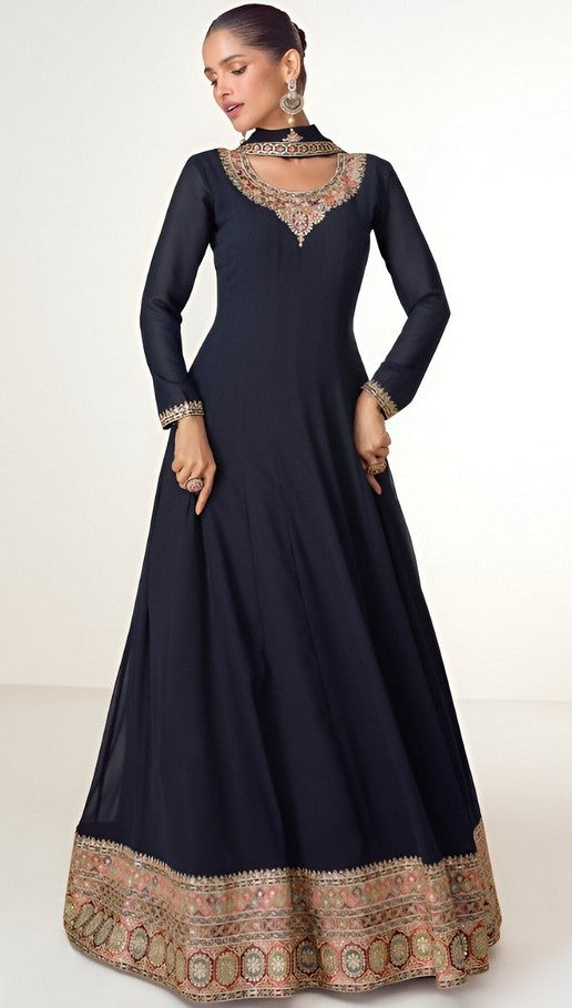 Tasteful Navy Blue Color Blooming Fabric Partywear Suit
