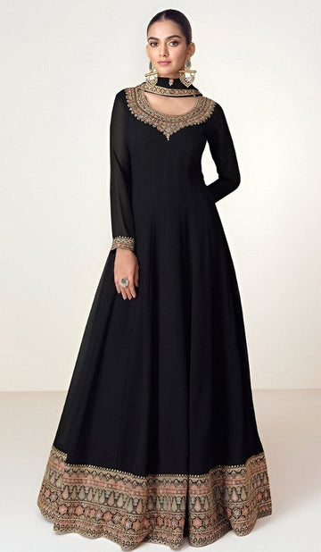 Tasteful Black Color Blooming Fabric Partywear Suit