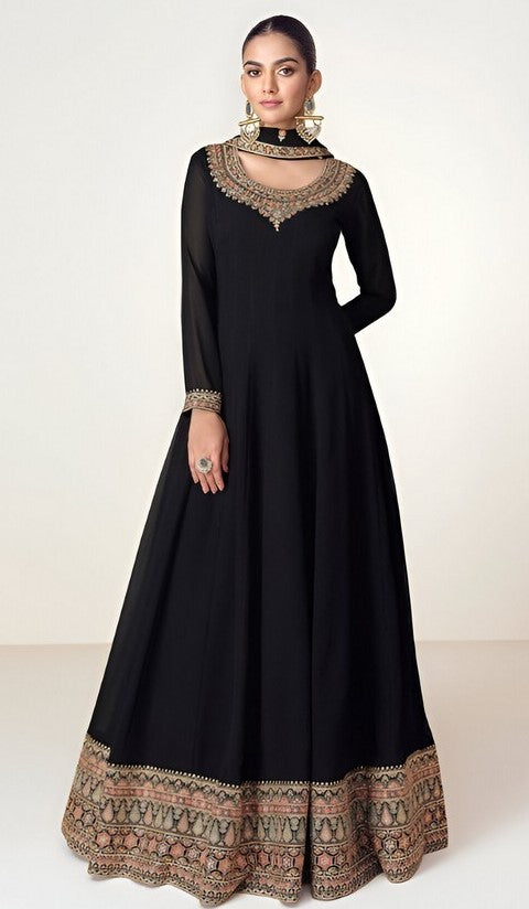 Tasteful Black Color Blooming Fabric Partywear Suit