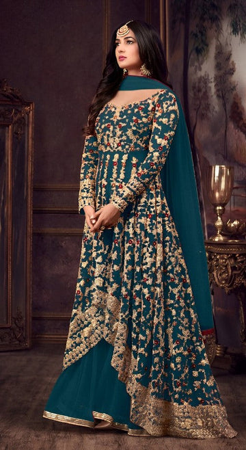Graceful Teal Color Net Fabric Partywear Suit