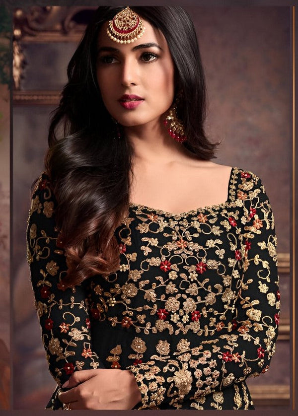 Graceful Black Color Net Fabric Partywear Suit