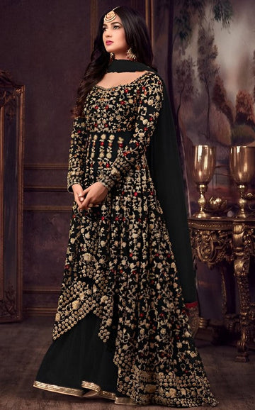 Graceful Black Color Net Fabric Partywear Suit