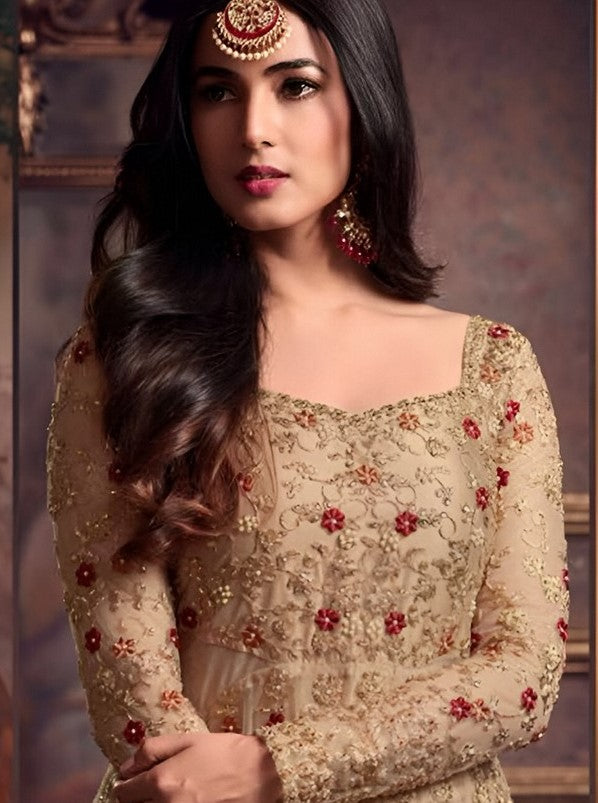 Graceful Beige Color Net Fabric Partywear Suit