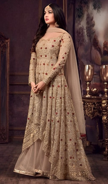 Graceful Beige Color Net Fabric Partywear Suit