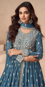 Graceful Teal Color Chinon Fabric Partywear Suit