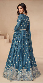 Graceful Teal Color Chinon Fabric Partywear Suit