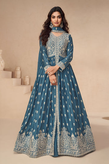 Graceful Teal Color Chinon Fabric Partywear Suit