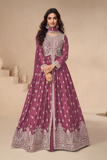 Graceful Pink Color Chinon Fabric Partywear Suit