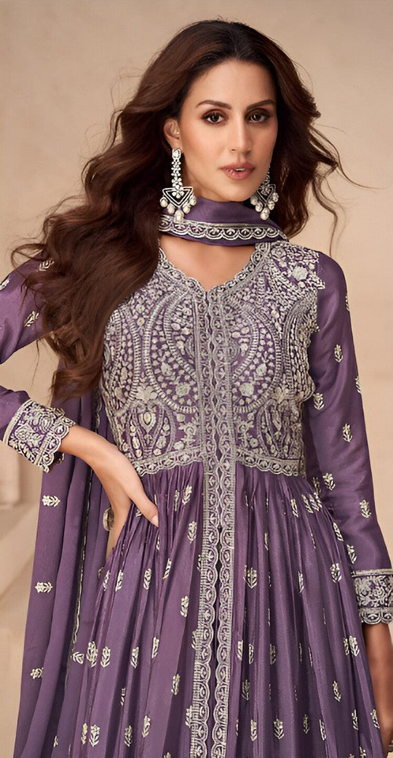 Graceful Purple Color Chinon Fabric Partywear Suit
