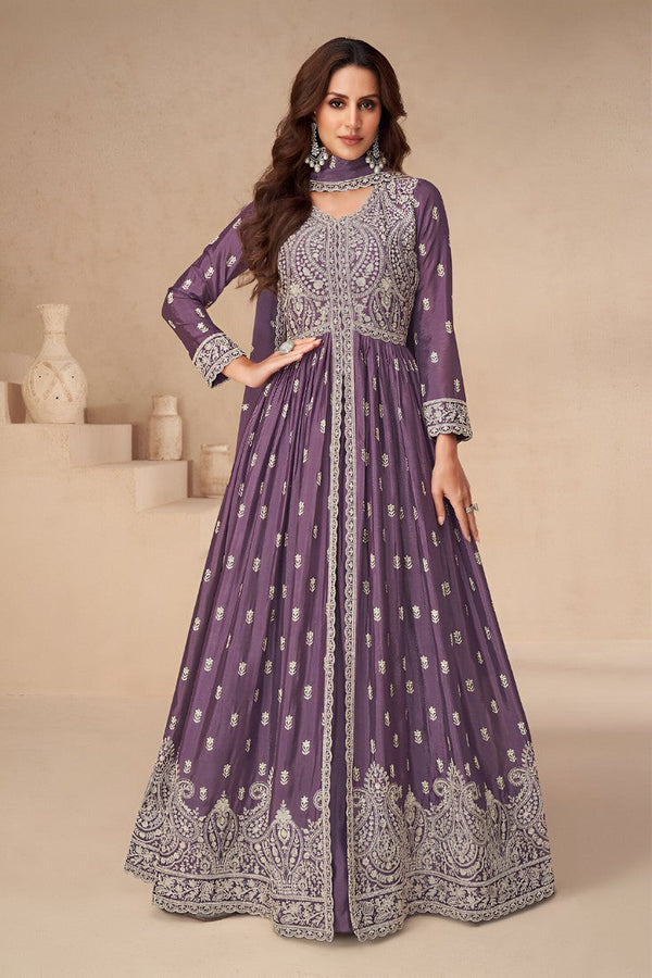 Graceful Purple Color Chinon Fabric Partywear Suit