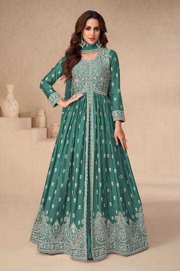 Graceful Green Color Chinon Fabric Partywear Suit